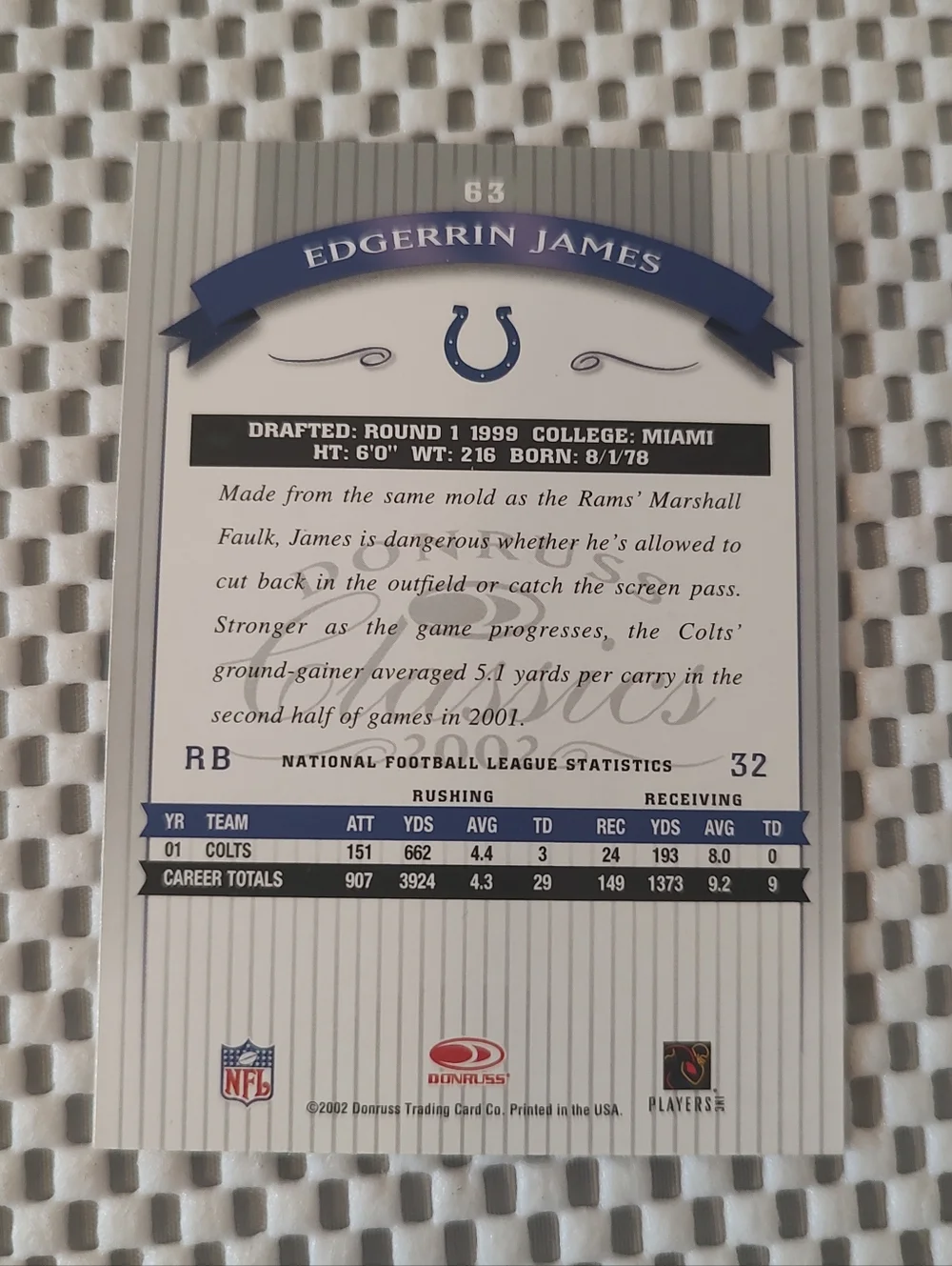 Indianapolis Colts Edgerrin James Trading Card As shown Smoke/pet free